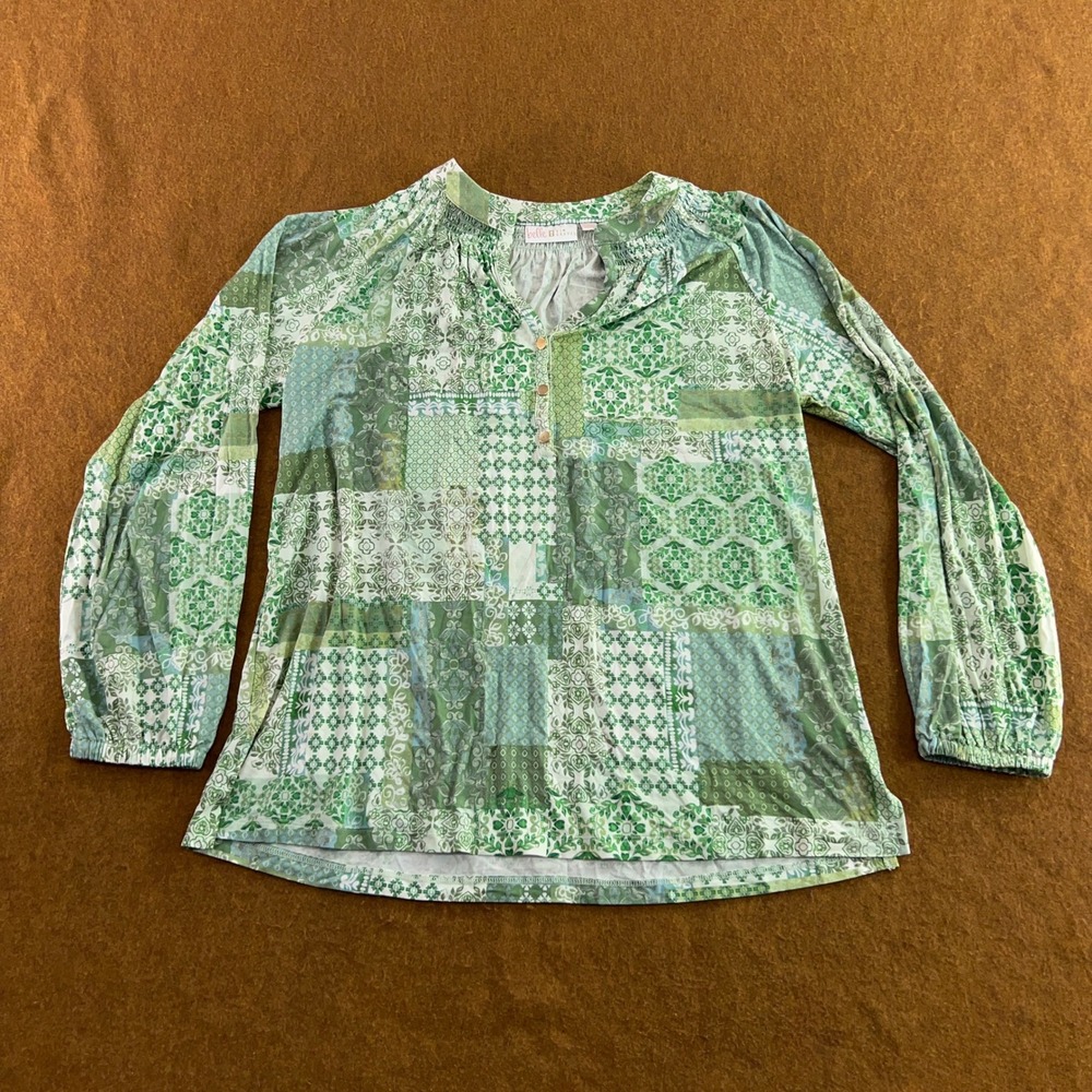 Belle Kim Gravel Womens Large Green Patchwork Smocked Button V-Neck Top New